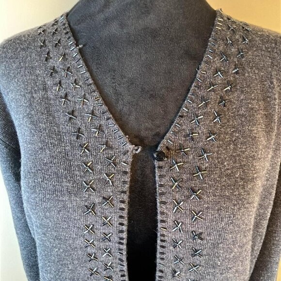 Valerie Stevens Beaded Open Front Gray 2XL Cardigan 100% Merino!!! - Picture 5 of 13